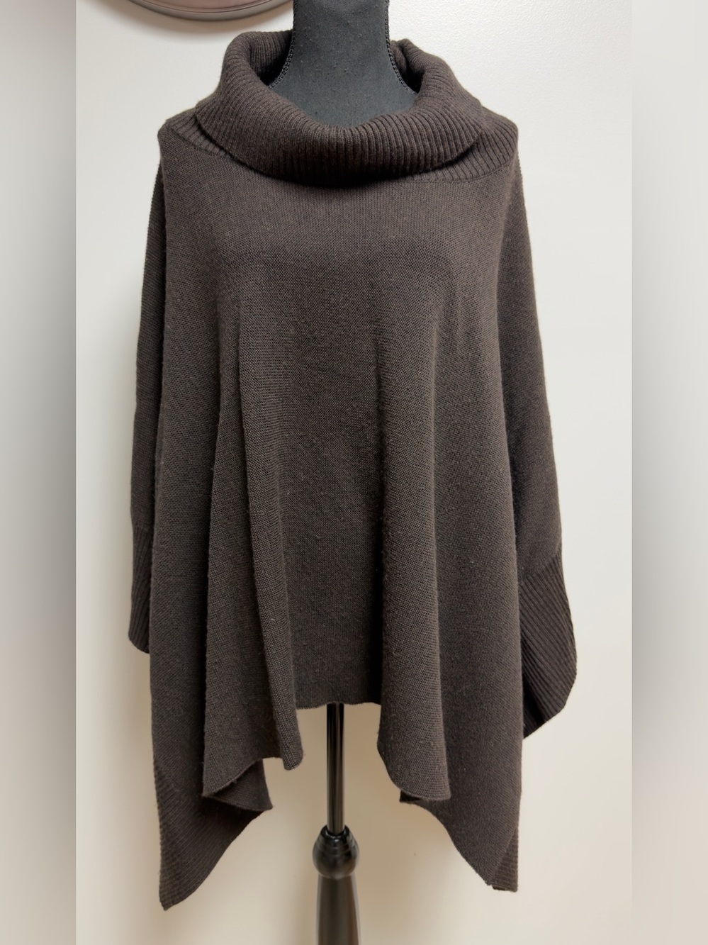 Eileen Fisher 100% Merino Wool Cowl Neck Poncho Sweater Brown M/L Italian Yarn